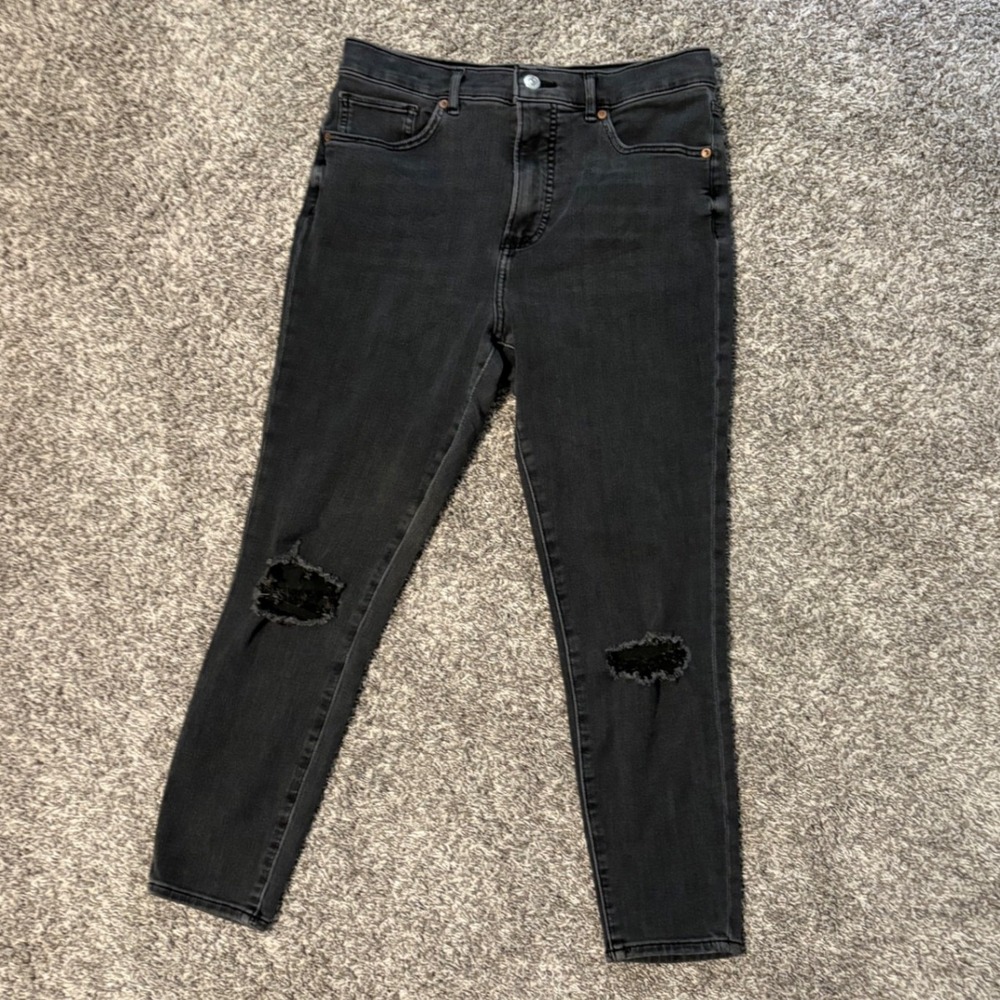 Express Skinny High Rise 4-Way Hyper‎ Stretch Distressed Jeans Washed Black 8/S